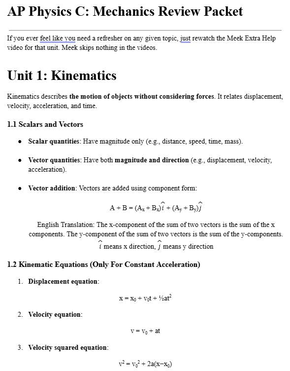 Ultimate AP Physics C: Mechanics Review Packet (14 Pages)